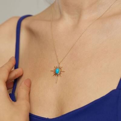 Firuze Taşlı Kutup Yıldızı Altın Kolye - 3