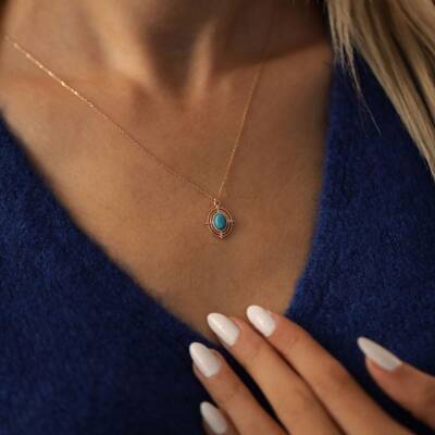 Firuze Taşlı Oval Altın Kolye - 1