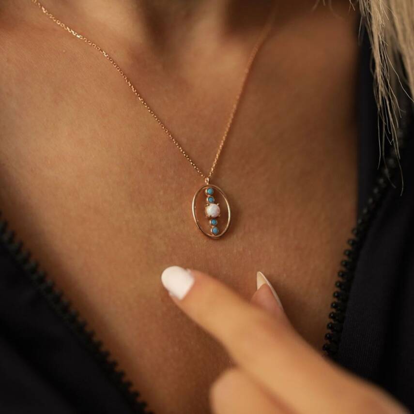 Firuze Taşlı Sedefli Oval Altın Kolye - Semih Haşhaş Kuyumculuk