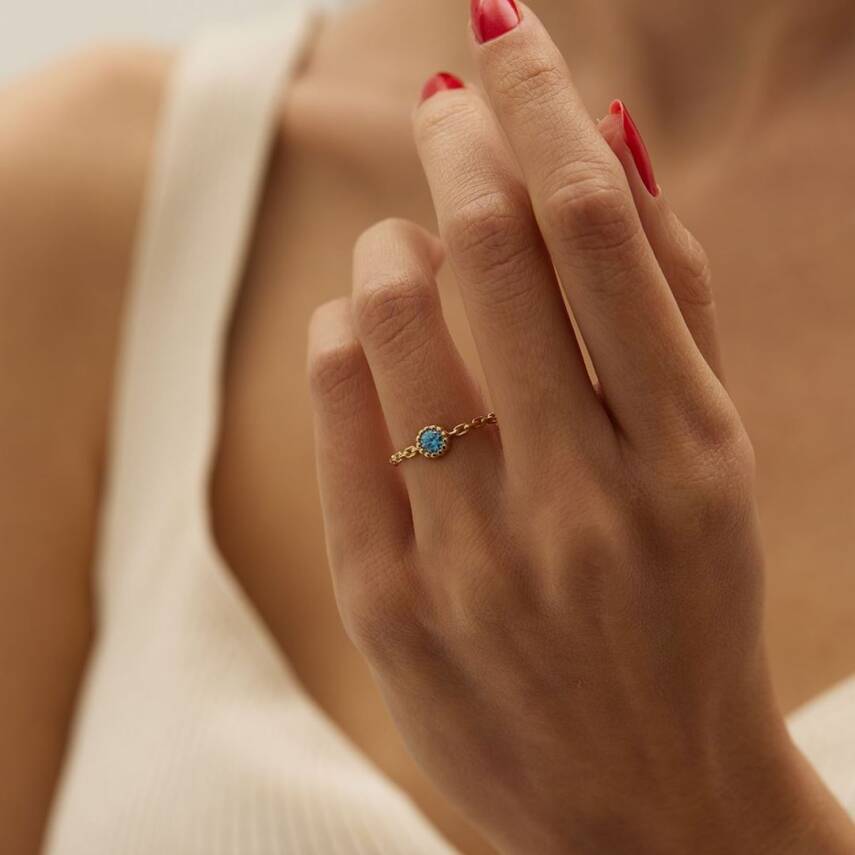 Firuze Taşlı Zincir Detaylı Altın Yüzük - Semih Haşhaş Kuyumculuk