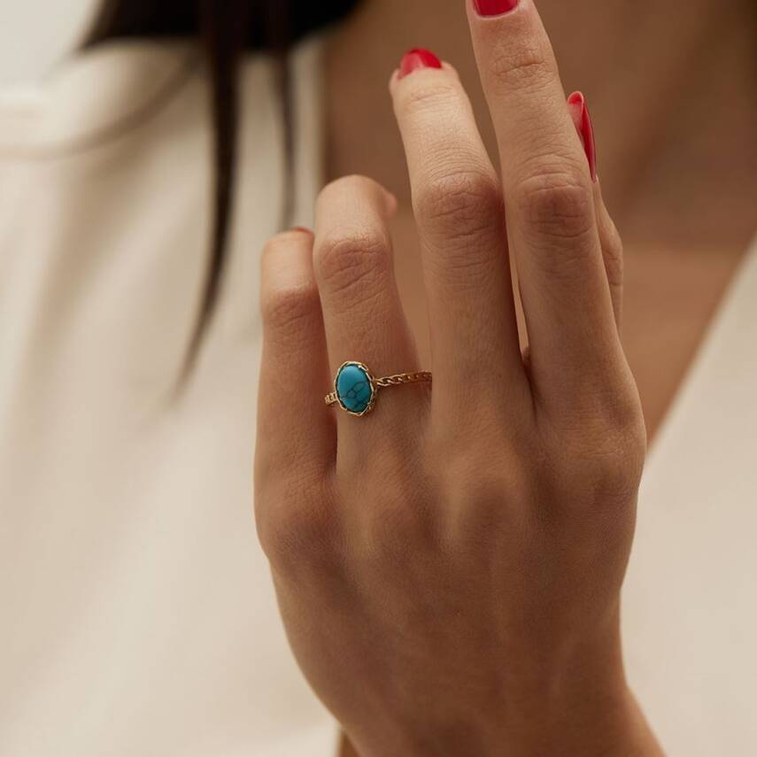 Firuze Taşlı Zincir Detaylı Altın Yüzük - 1