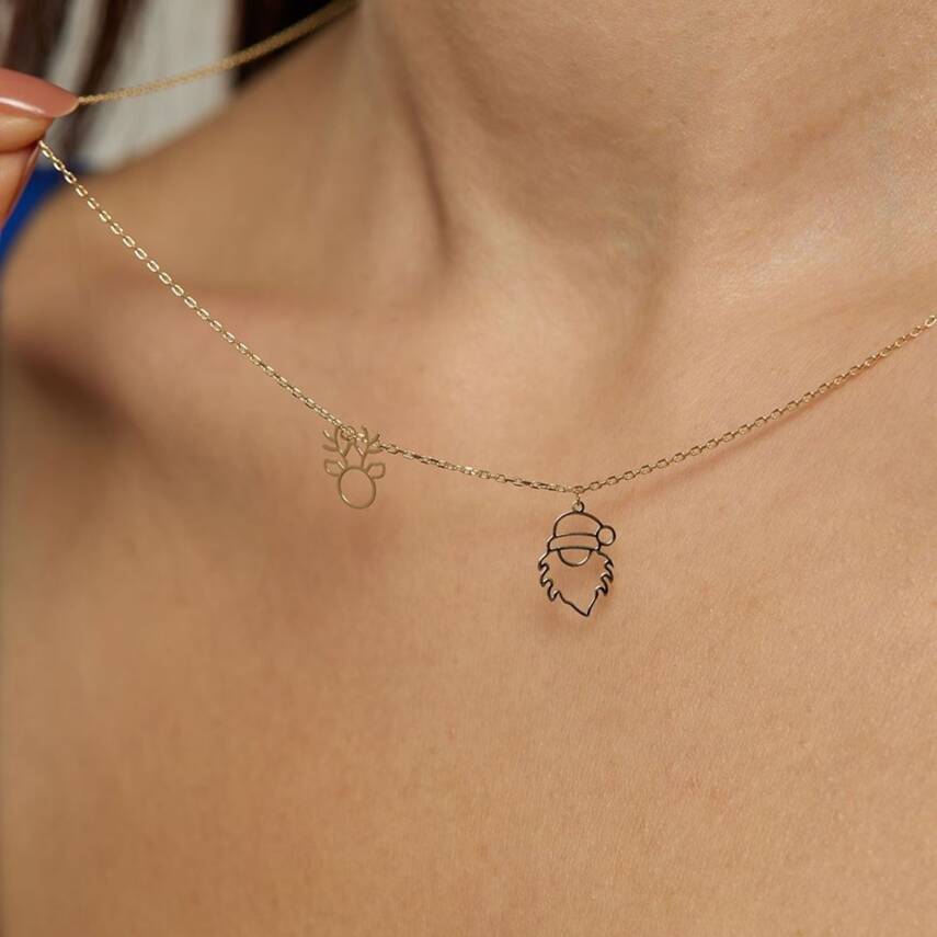 Geyik Ve Noel Baba Sallantılı Altın Kolye - 1