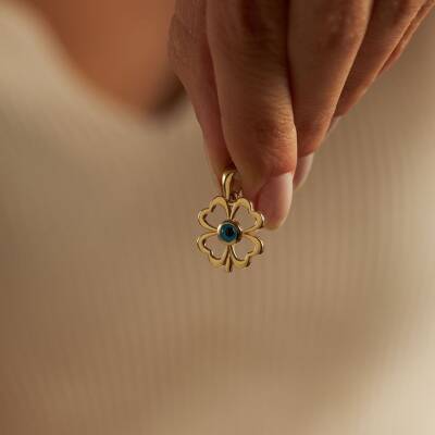 Göz Boncuklu Yonca Altın Kolye Ucu - 1