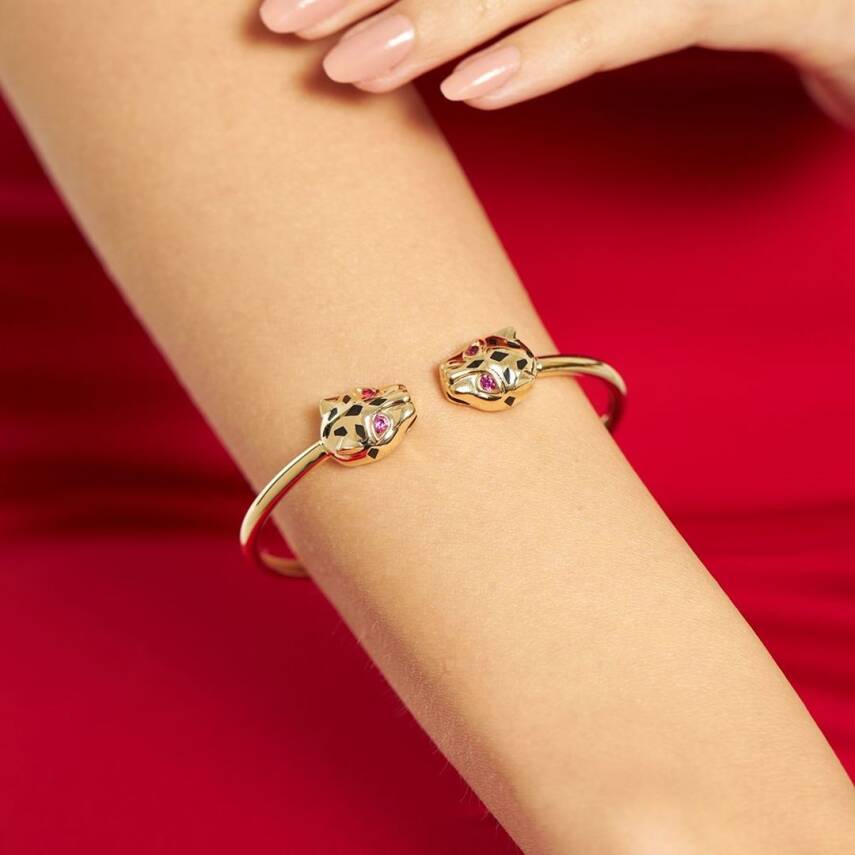 Gözü Pembe Taşlı CETAŞ Kaplan Altın Kelepçe Bilezik - CETAŞ