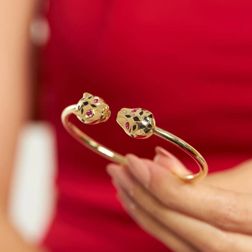 Gözü Pembe Taşlı CETAŞ Kaplan Altın Kelepçe Bilezik - CETAŞ (1)