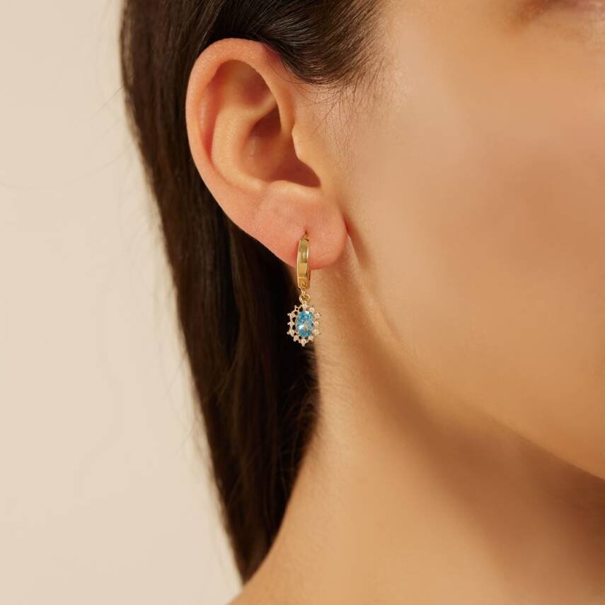 Güneş Motifli Oval Taşlı Altın Küpe - Semih Haşhaş Kuyumculuk