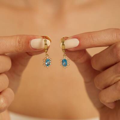 Güneş Motifli Oval Taşlı Altın Küpe - 2