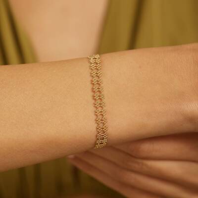 İkili Çiçek Tasarımlı Toplu Altın Bileklik - 1