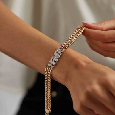 İkili Gurmet Zincirli Taşlı İsme Özel Altın Bileklik - 2