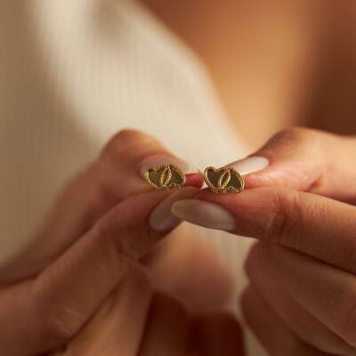 İkili Plaka Kalp Altın Küpe - 2