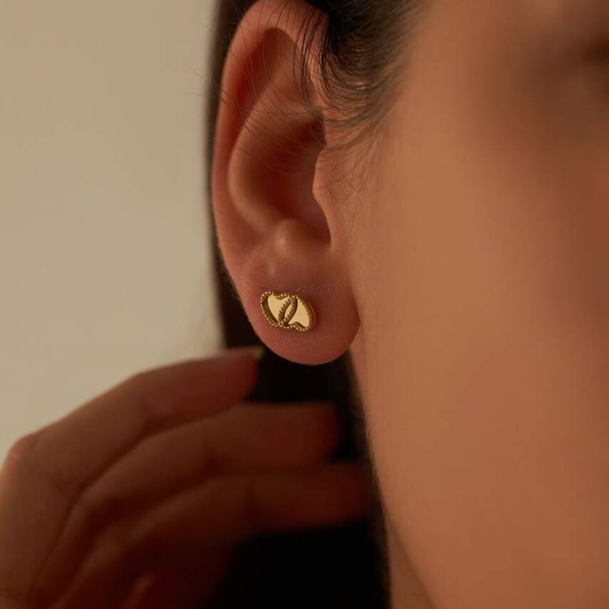 İkili Plaka Kalp Altın Küpe - 3