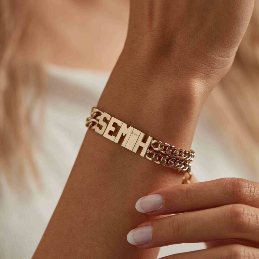 İsme Özel İkili Gurmet Zincirli Taşsız Tasarım Altın Bileklik - Semih Haşhaş Kuyumculuk