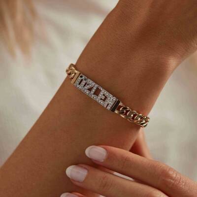 İsme Özel Taşlı Gurmet Zincirli Tasarım Altın Bileklik - 1