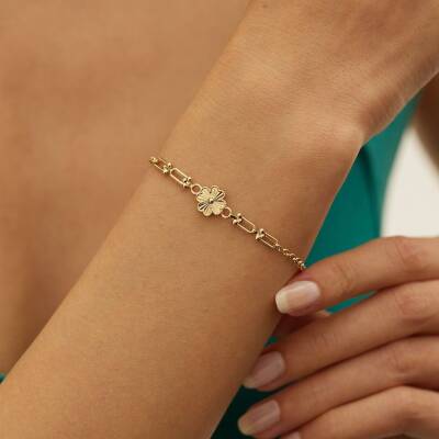 Kalemli Çiçek İtalyan Ataş Zincirli Altın Bileklik - 2