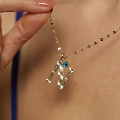 Kalemli Nazar Boncuklu Mega Harf Altın Kolye - 3