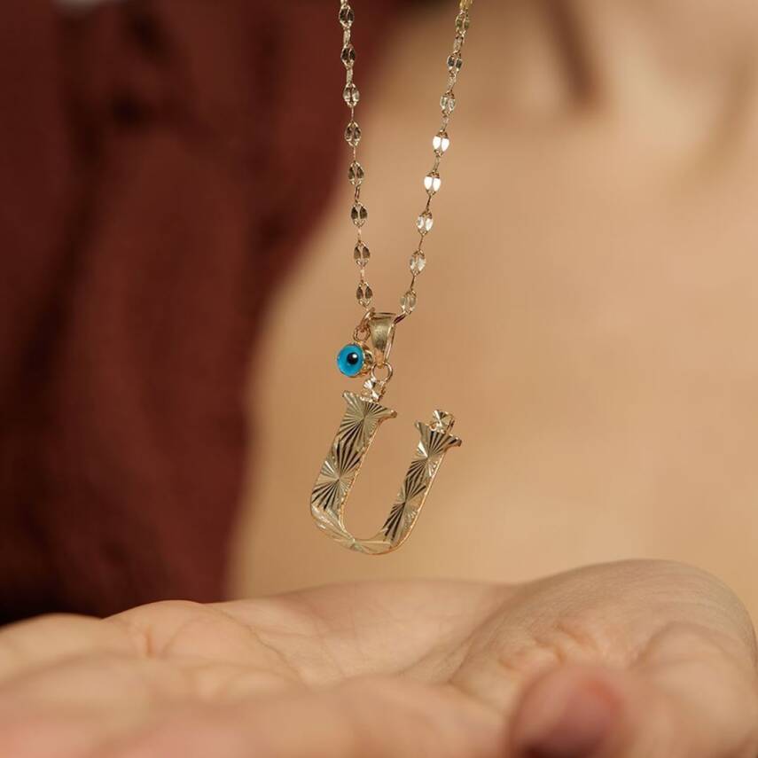 Kalemli Nazar Boncuklu Mega Harf Altın Kolye - 5