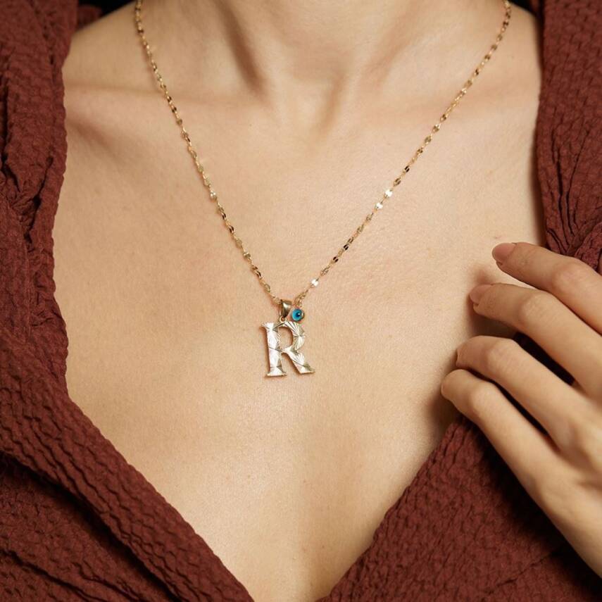 Kalemli Nazar Boncuklu Mega Harf Altın Kolye - 6