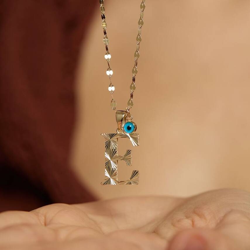 Kalemli Nazar Boncuklu Mega Harf Altın Kolye - 7