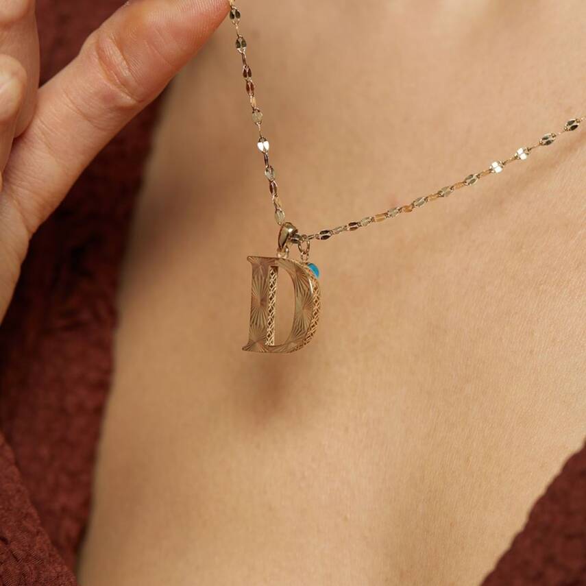 Kalemli Nazar Boncuklu Mega Harf Altın Kolye - 10