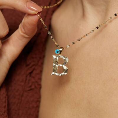 Kalemli Nazar Boncuklu Mega Harf Altın Kolye - 11