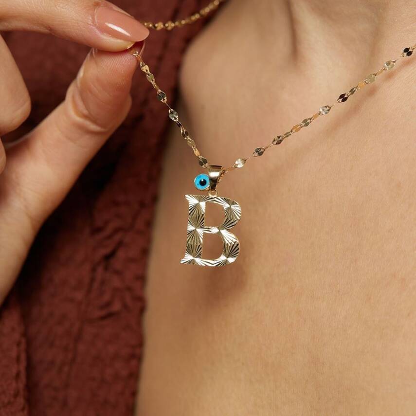 Kalemli Nazar Boncuklu Mega Harf Altın Kolye - 11