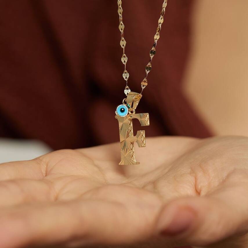Kalemli Nazar Boncuklu Mega Harf Altın Kolye - 12