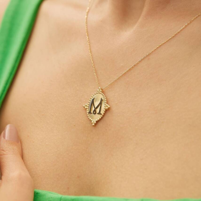 Kalemli Plaka Harf Altın Kolye - 6