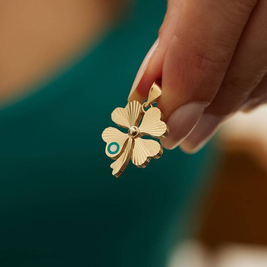 Kalemli Turkuaz Mineli Yonca Altın Kolye Ucu - Semih Haşhaş Kuyumculuk