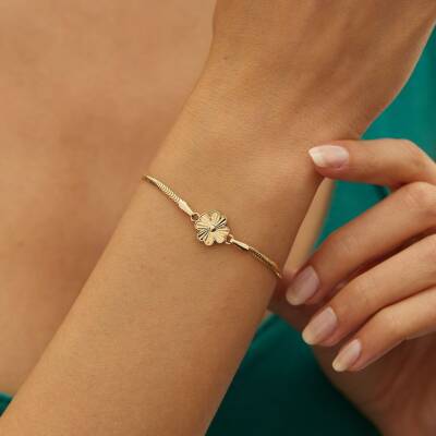 Kalemli Yonca Balıksırtı Zincir Altın Bileklik - 2