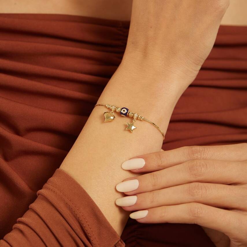 Kalp Detaylı Nazar Boncuklu Altın Bileklik - Semih Haşhaş Kuyumculuk