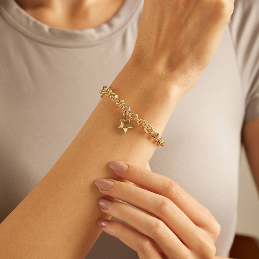 Kalp Ve Yıldız Sallantılı Altın Zincir Bileklik - 2