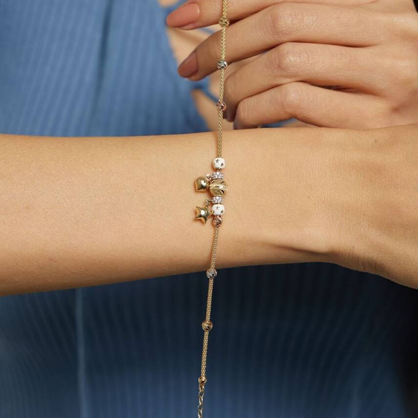 Kalp Ve Yıldız Sallantılı Dorika Toplu Altın Şans Bilekliği - 1