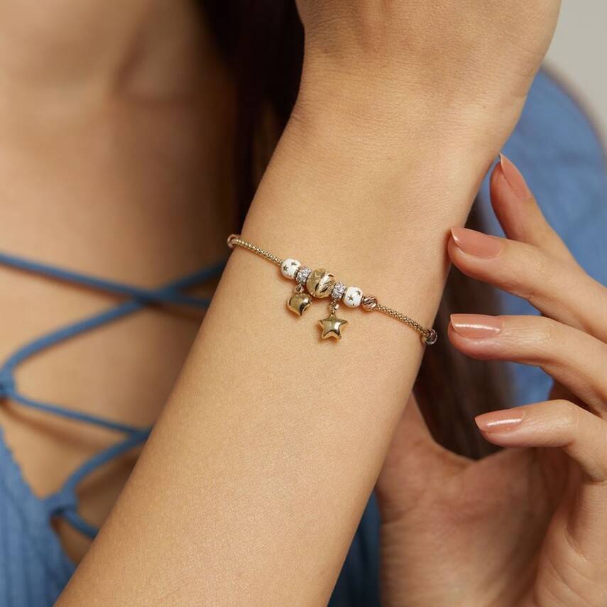 Kalp Ve Yıldız Sallantılı Dorika Toplu Altın Şans Bilekliği - 2