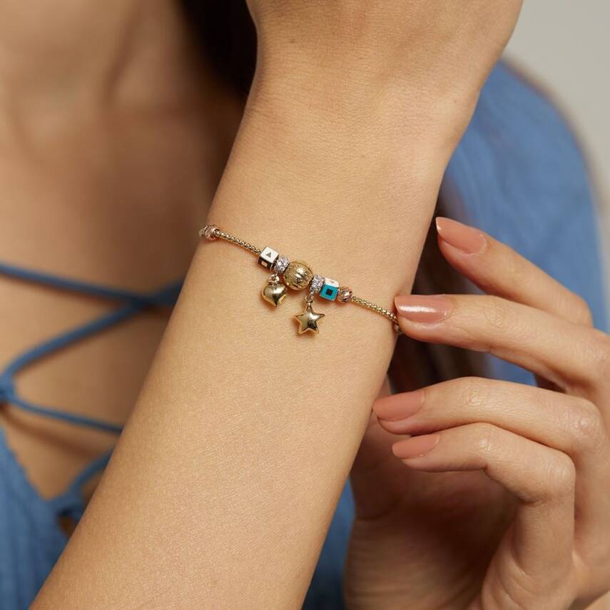 Kalp Ve Yıldız Sallantılı Küp Detaylı Altın Şans Bilekliği - Semih Haşhaş Kuyumculuk