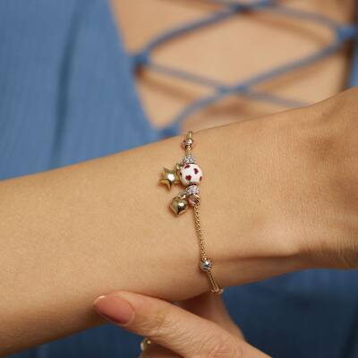 Kalp Ve Yıldız Sallantılı Mineli Altın Şans Bilekliği - 1