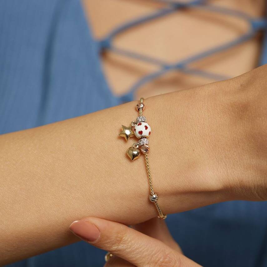 Kalp Ve Yıldız Sallantılı Mineli Altın Şans Bilekliği - Semih Haşhaş Kuyumculuk