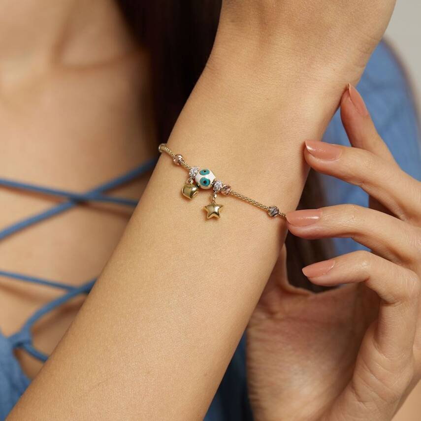 Kalp Ve Yıldız Sallantılı Nazar Boncuklu Altın Şans Bilekliği - Semih Haşhaş Kuyumculuk