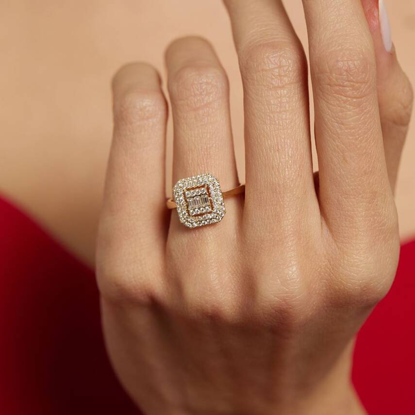 Kare Baget Taşlı Altın Yüzük - 1