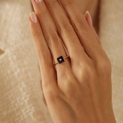 Kare Siyah Mineli Taşlı Altın Yüzük - 1