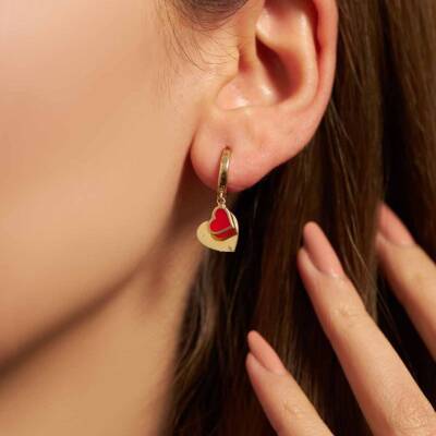 Kırmızı Mineli Kalp Halka Altın Küpe - 1