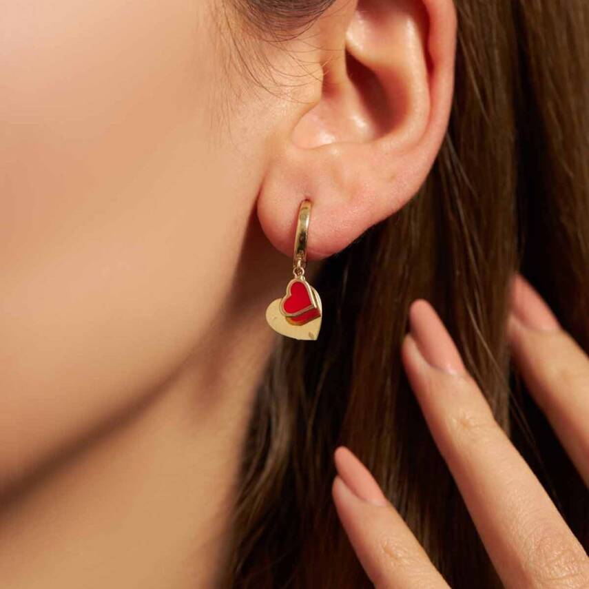 Kırmızı Mineli Kalp Halka Altın Küpe - Semih Haşhaş Kuyumculuk