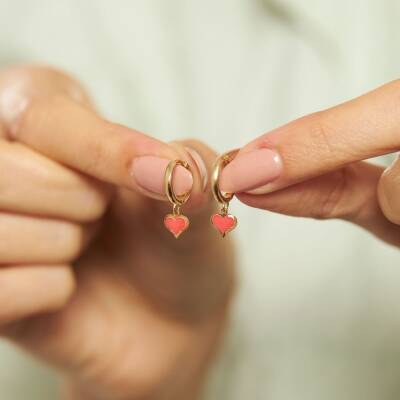 Kırmızı Mineli Kalp Sallantılı Halka Altın Küpe - 2