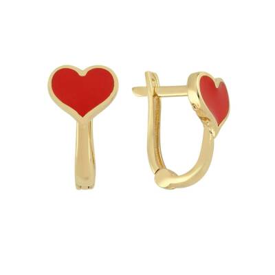 Kırmızı Mineli Kalpli Altın Çocuk Küpesi - 1