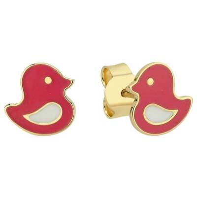 Kırmızı Mineli Kuş Figürlü Altın Çocuk Küpesi - 1