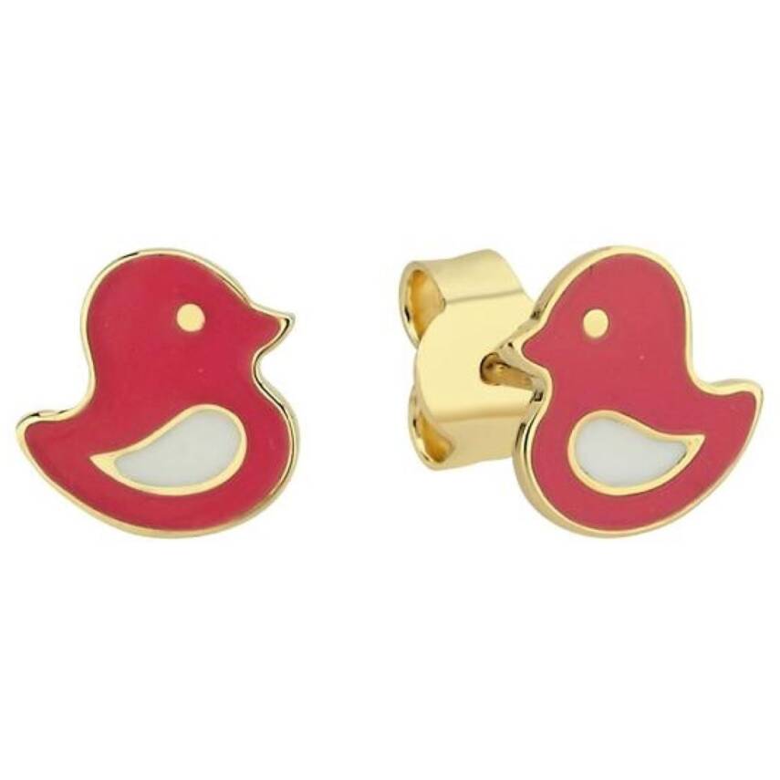 Kırmızı Mineli Kuş Figürlü Altın Çocuk Küpesi - 1