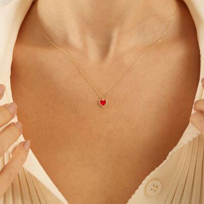 Kırmızı Mineli Minimal Kalp Altın Kolye - 1