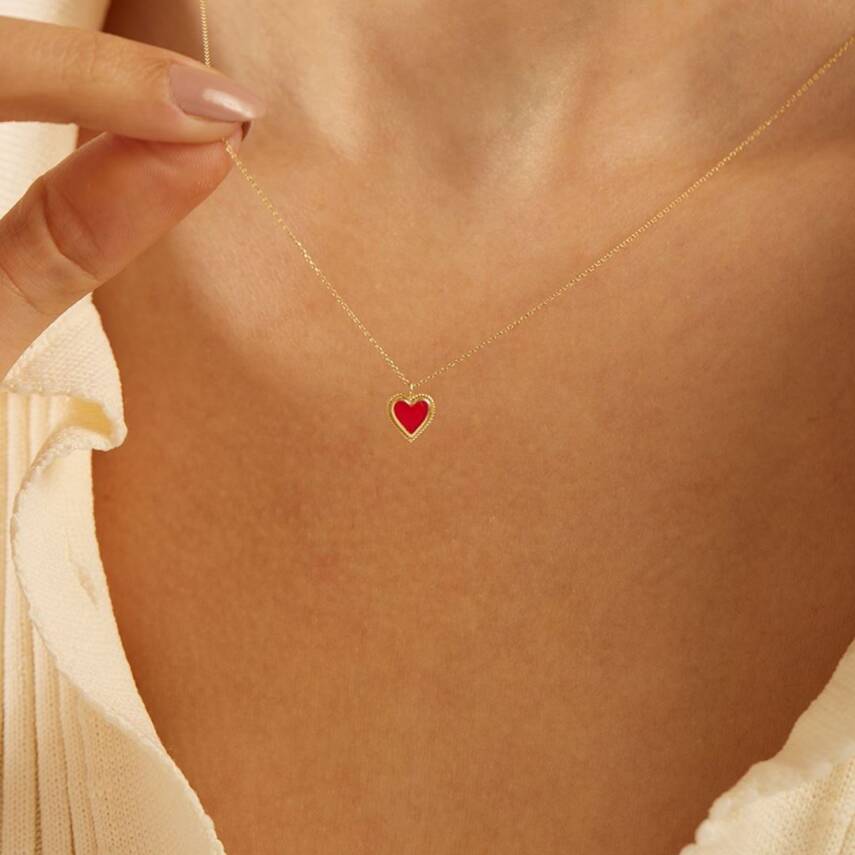 Kırmızı Mineli Minimal Kalp Altın Kolye - Semih Haşhaş Kuyumculuk (1)
