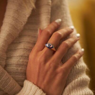 Koyu Mavi Mineli Göz Altın Yüzük - 1