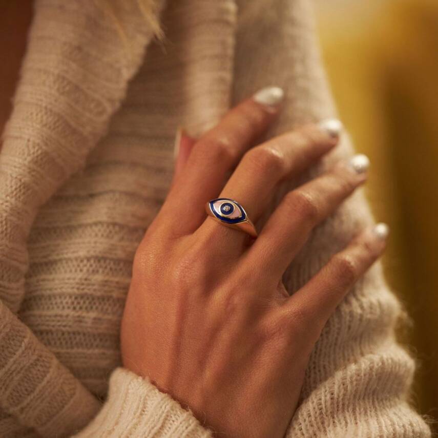 Koyu Mavi Mineli Göz Altın Yüzük - 1