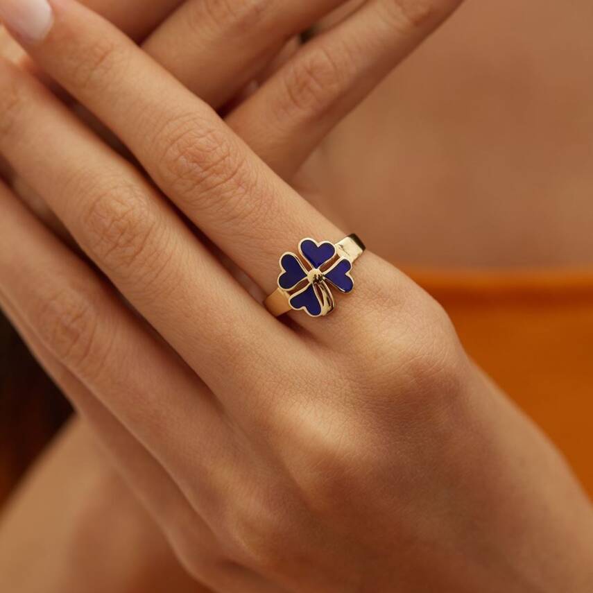 Koyu Mavi Mineli Yonca Altın Yüzük - Semih Haşhaş Kuyumculuk